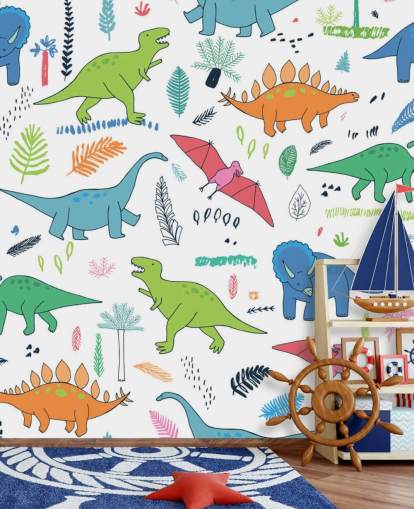 oranje, blauw en rood dinosaurustekeningen behang oranje, blauw en rood dinosaurustekeningen behang