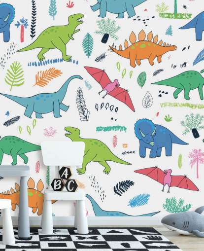 desenhos de dinossauros laranja, azul e vermelho papel de parede