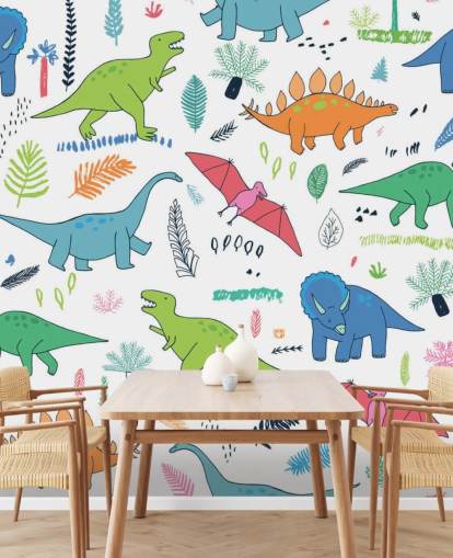 orange, blue and red dinosaur drawings wallpaper