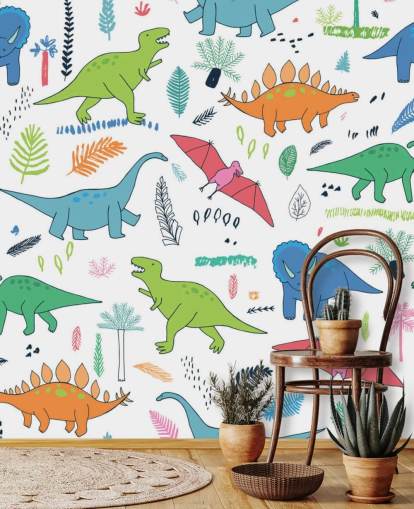 oranje, blauw en rood dinosaurustekeningen behang
