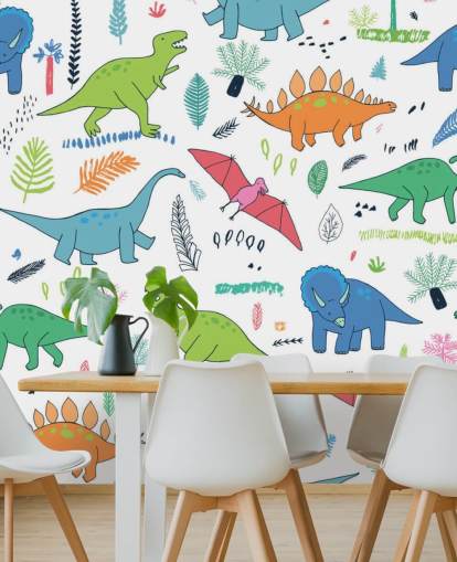 oranje, blauw en rood dinosaurustekeningen behang oranje, blauw en rood dinosaurustekeningen behang