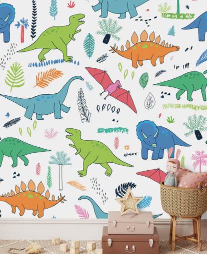 oransje, blå og rød dinosaur tegninger tapet