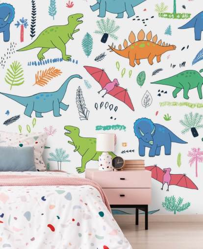 orange, blå och röd dinosaurie ritningar tapeter