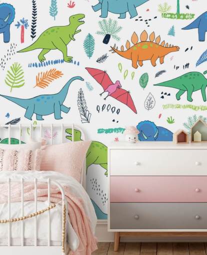 orange, blue and red dinosaur drawings wallpaper