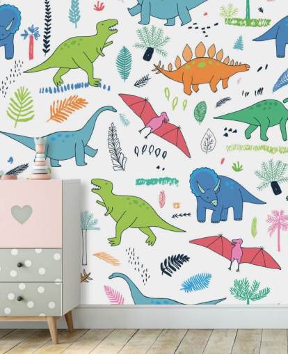 orange, blue and red dinosaur drawings wallpaper