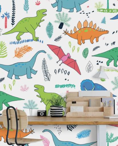 papier peint de dessins de dinosaures orange, bleu et rouge