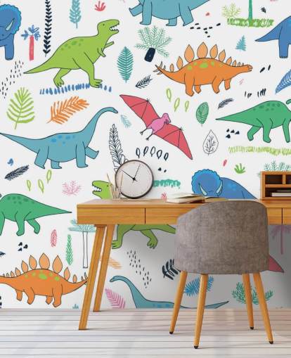 orange, blue and red dinosaur drawings wallpaper