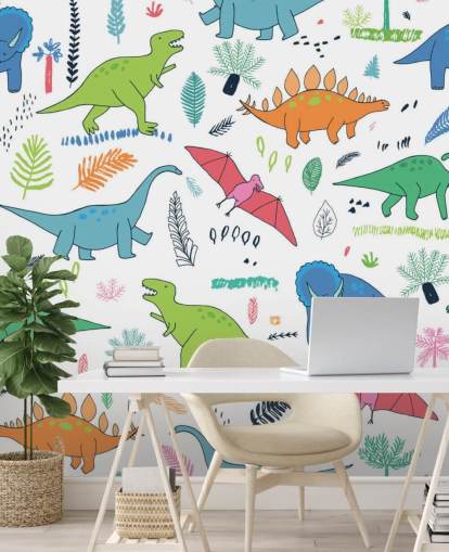 orange, blue and red dinosaur drawings wallpaper