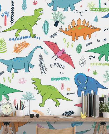 carta da parati con disegni di dinosauri arancione, blu e rosso carta da parati con disegni di dinosauri arancione, blu e rosso