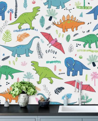 orange, blue and red dinosaur drawings wallpaper