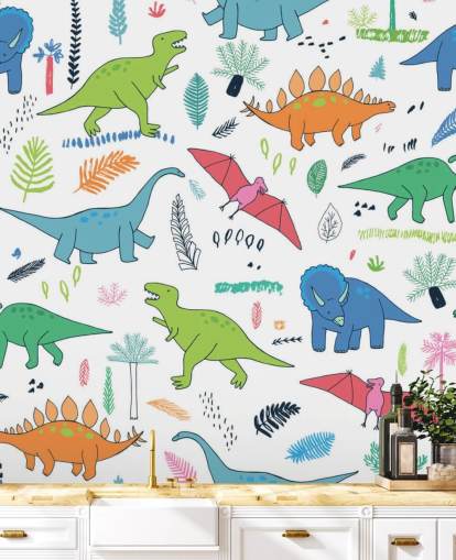 desenhos de dinossauros laranja, azul e vermelho papel de parede