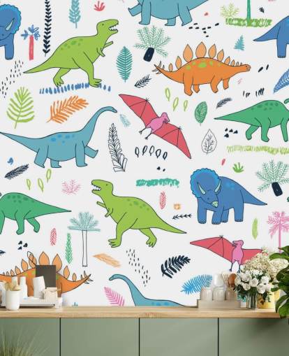 papier peint de dessins de dinosaures orange, bleu et rouge