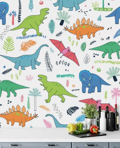 fondo de pantalla de dibujos de dinosaurios naranja, azul y rojo