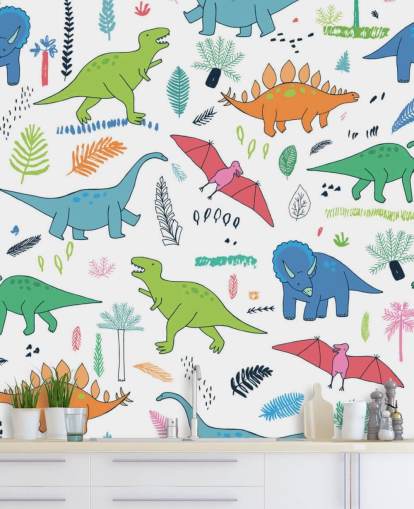 orange, blue and red dinosaur drawings wallpaper