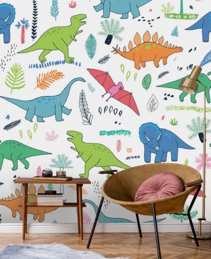 orange, blue and red dinosaur drawings wallpaper