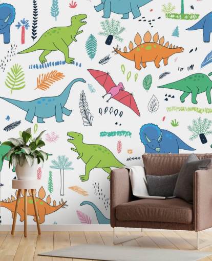 papier peint de dessins de dinosaures orange, bleu et rouge