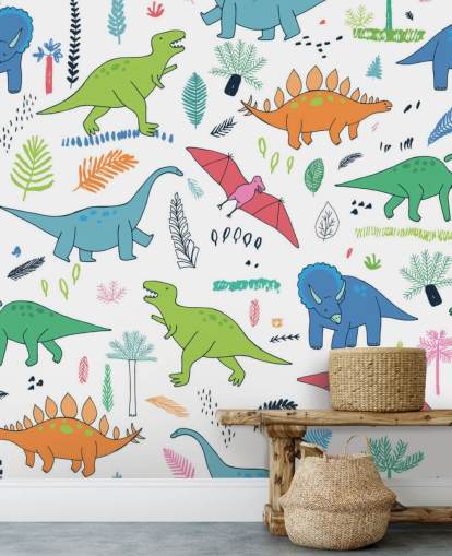 carta da parati con disegni di dinosauri arancione, blu e rosso