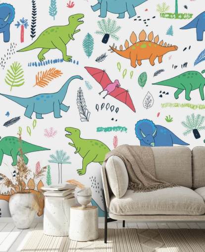 orange, blue and red dinosaur drawings wallpaper