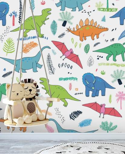 papier peint de dessins de dinosaures orange, bleu et rouge
