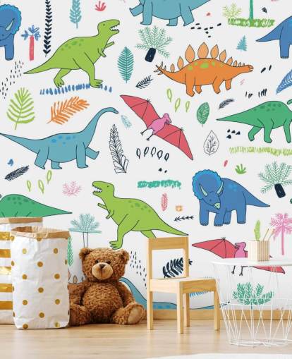 papier peint de dessins de dinosaures orange, bleu et rouge