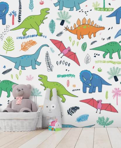 orange, blue and red dinosaur drawings wallpaper