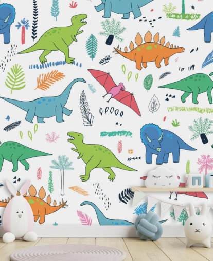 orange, blue and red dinosaur drawings wallpaper