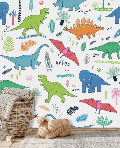 orange, blå og rød dinosaur tegninger tapet