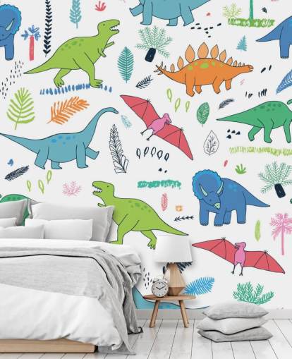 orange, blue and red dinosaur drawings wallpaper