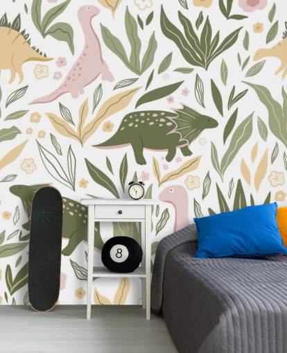 papier peint dinosaure vert et rose pastel