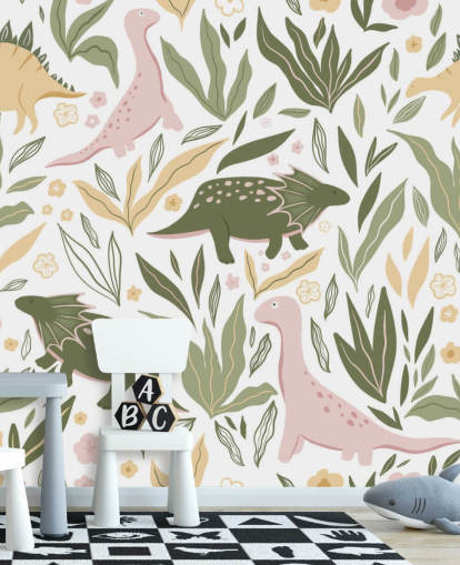pastel green and pink dinosaur wallpaper