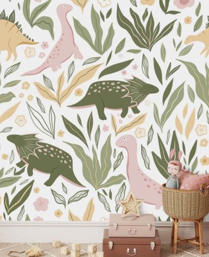 papel de parede pastel verde e rosa dinossauro