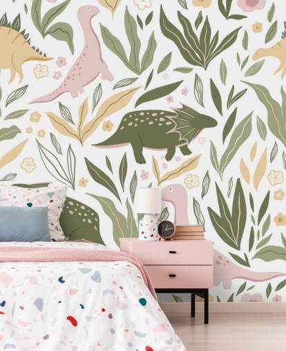 papier peint dinosaure vert et rose pastel