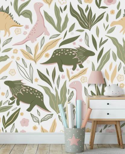 pastel green and pink dinosaur wallpaper