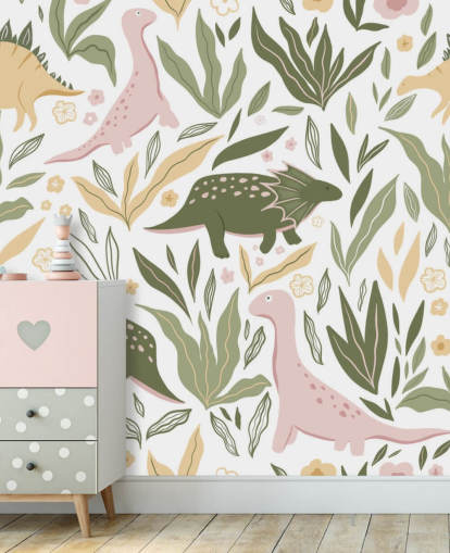 pastel green and pink dinosaur wallpaper
