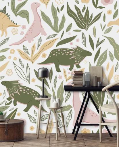 pastel green and pink dinosaur wallpaper