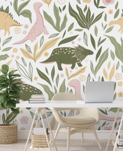 pastel green and pink dinosaur wallpaper