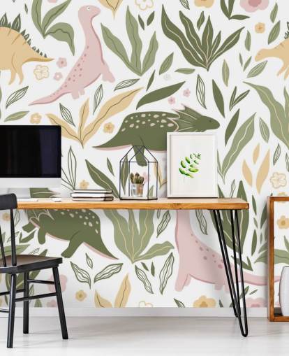 papel de parede pastel verde e rosa dinossauro