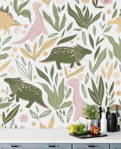 papel de parede pastel verde e rosa dinossauro
