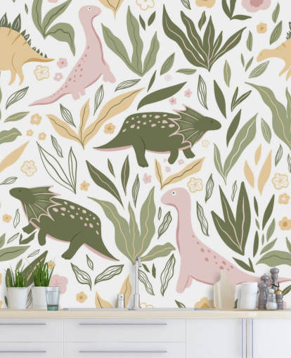 pastel green and pink dinosaur wallpaper