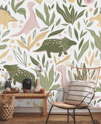 pastelgroen en roze dinosaurusbehang