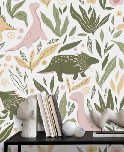 papel pintado dinosaurio verde pastel y rosa