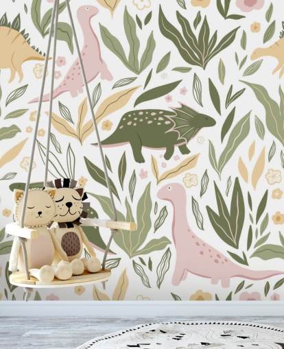pastelgroen en roze dinosaurusbehang