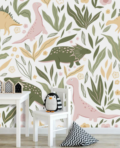papel de parede pastel verde e rosa dinossauro