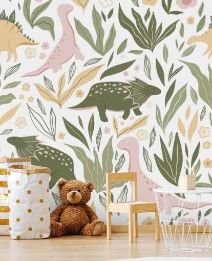 papel de parede pastel verde e rosa dinossauro