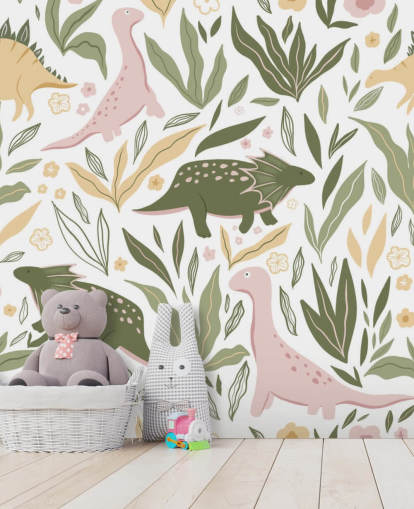 papel de parede pastel verde e rosa dinossauro