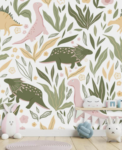 pastelgroen en roze dinosaurusbehang