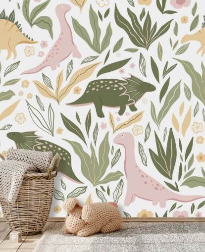 papel de parede pastel verde e rosa dinossauro