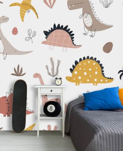 papel pintado dinosaurio rosa, gris y amarillo