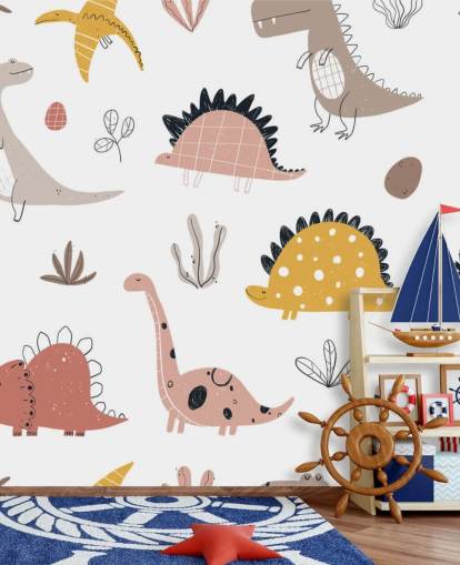 papel de parede dinossauro rosa, cinza e amarelo