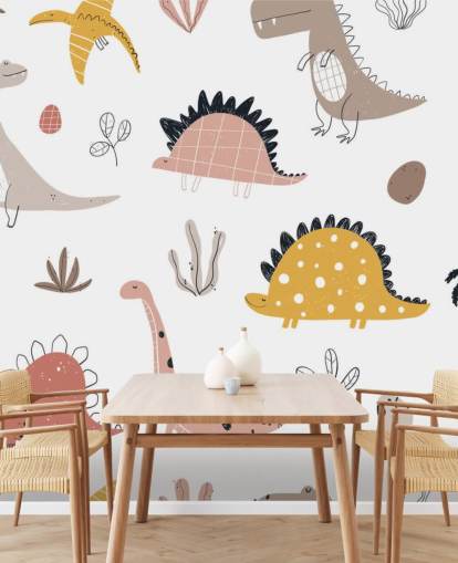papel pintado dinosaurio rosa, gris y amarillo
